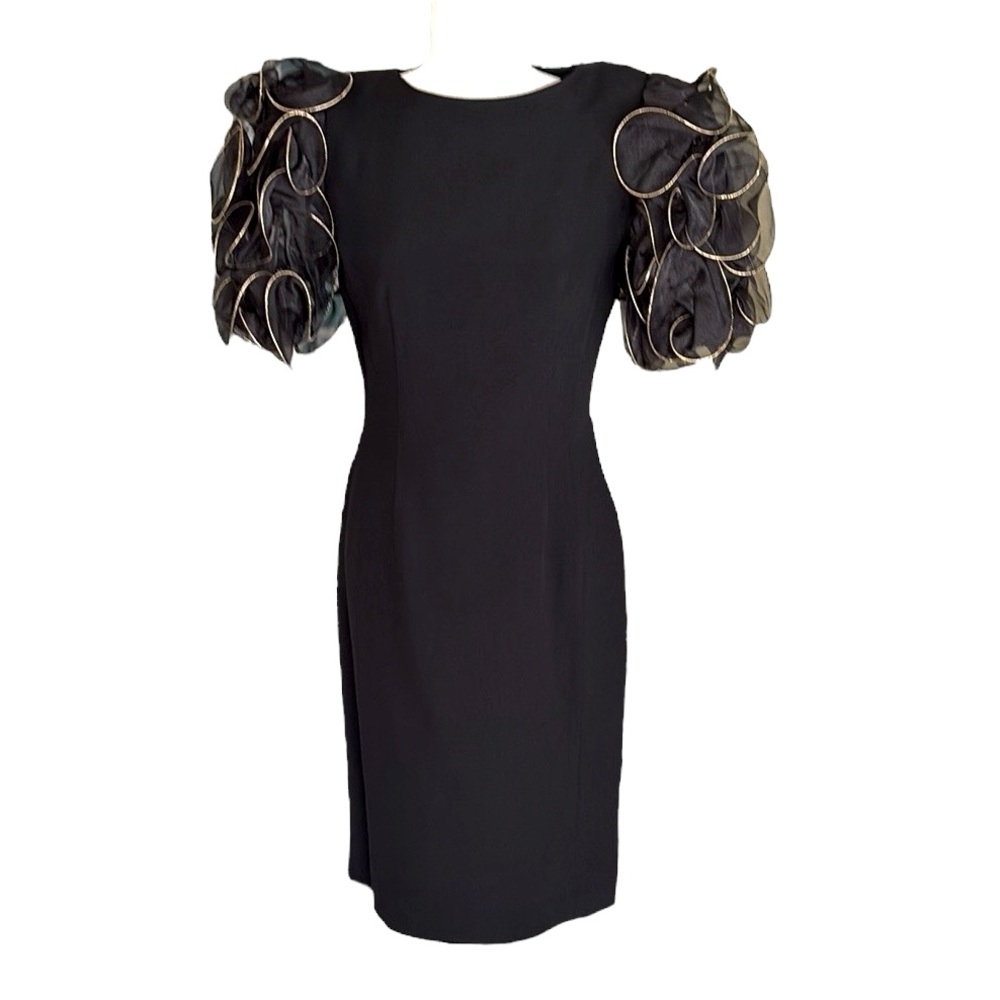Anne Crimmins Umi Collections Vintage  Black & Gold Puff Sleeve Midi Dress - 6